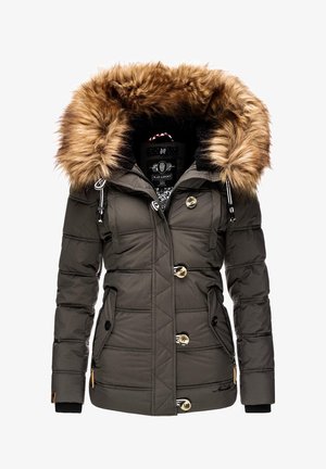 Veste d'hiver matelassée vert foncé avec une large bordure en fausse fourrure marron sur la capuche, quatre boutons, poches zippées et cordons de serrage sur la capuche.