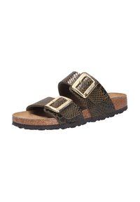 Sandales marron à motif reptile avec deux larges sangles. Équipées de boucles en ton doré et d'une semelle en liège. Semelle extérieure en caoutchouc noir avec grip.
