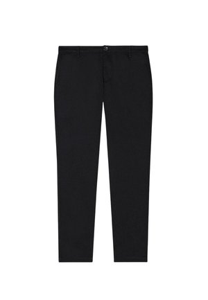 Pantaloni aderenti neri in tessuto misto cotone, con chiusura a zip e bottone, gambe dritte e dettagli di design minimalisti.