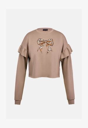 Rövidített bézs kapucnis pulóver hosszú ujjakkal, fodros díszítésekkel és leopárdmintás masni mintázattal az elején. Sima textúra.