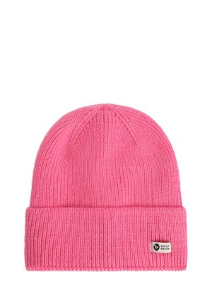 Pink gestrickte Beanie mit umgeschlagenem Rand und kleinem rechteckigem Etikett am Rand mit der Aufschrift Daily Seven.