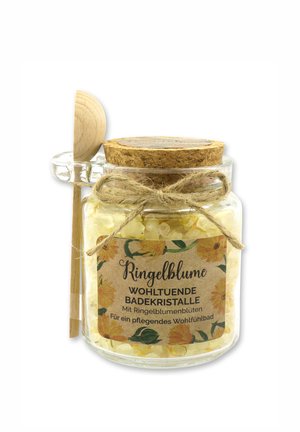 FLOREX BADESALZ RINGELBLUME GROB MIT SCHAFMILCH IM DEKORATIVEN GLAS MIT HOLZLÖFFEL - Schaumbad & Badezusätze - beige
