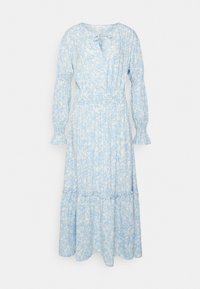 Vestido azul claro com padrão floral, mangas longas, decote com fita, cintura franzida e bainha com pregas. Feito de tecido suave com um design fluido.