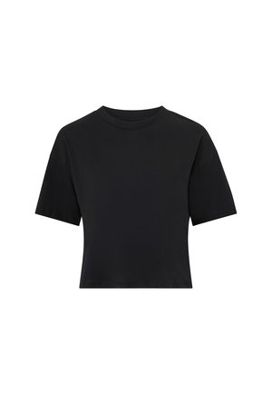 T-shirt nera cropped realizzata in tessuto morbido; presenta un collo rotondo e maniche corte con una vestibilità rilassata, design minimalista.