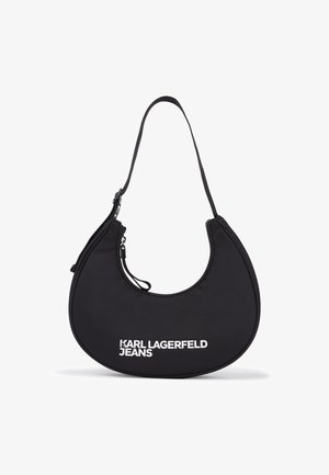 Black nylon shoulder bag with a crescent shape, featuring a logo print in white. It has a zip closure and a single adjustable strap.