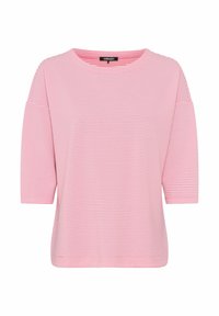 Rosa gemusterte Bluse mit kurzen Ärmeln und Rundhalsausschnitt. Der Stoff weist ein Gitterdesign auf und hat eine lockere Passform.