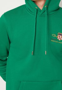 Vihreä huppari pehmeästä puuvillamateriaalista, jossa kengurun tasku, kultaiset kiristysnauhan päät ja kirjailtu logo rinnassa.