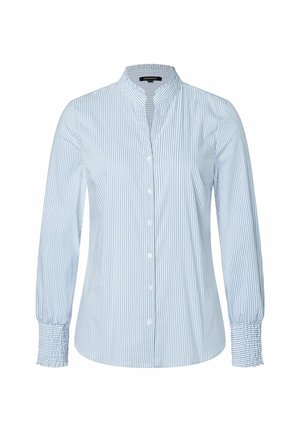 Langærmet skjorte med knapper, vertikale blå og hvide striber, mandarinkrave og rynkede manchetter.