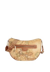 Borsa a spalla con motivo mappa dalla forma curvata. Realizzata in materiale testurizzato, presenta una cerniera marrone e una tracolla regolabile.