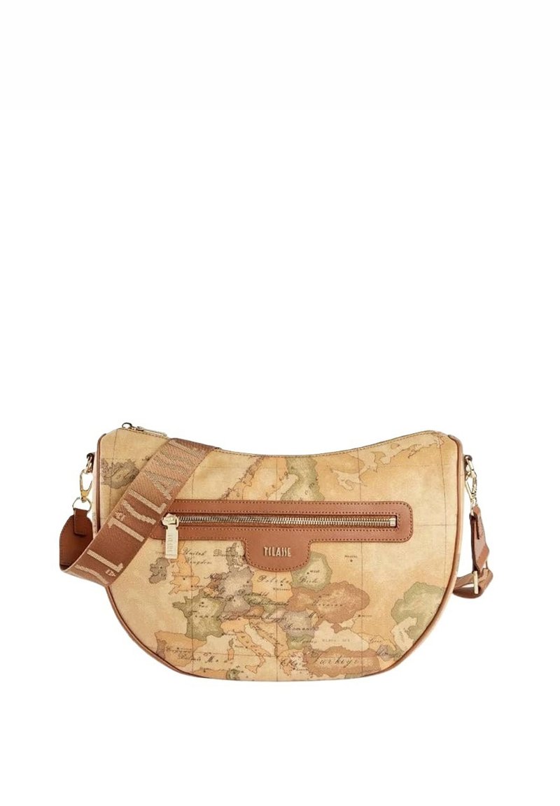 Borsa a spalla con motivo mappa dalla forma curvata. Realizzata in materiale testurizzato, presenta una cerniera marrone e una tracolla regolabile.
