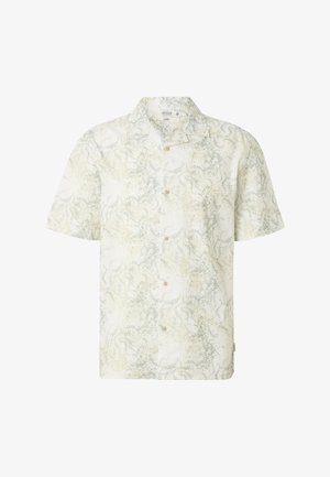 Camisa de manga corta con botones, con un patrón abstracto de remolinos en tonos beige claro y gris, cuello clásico y botones beige.