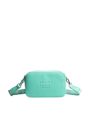 Mint green rectangular crossbody bag with detachable strap and embossed brand logo on the front.