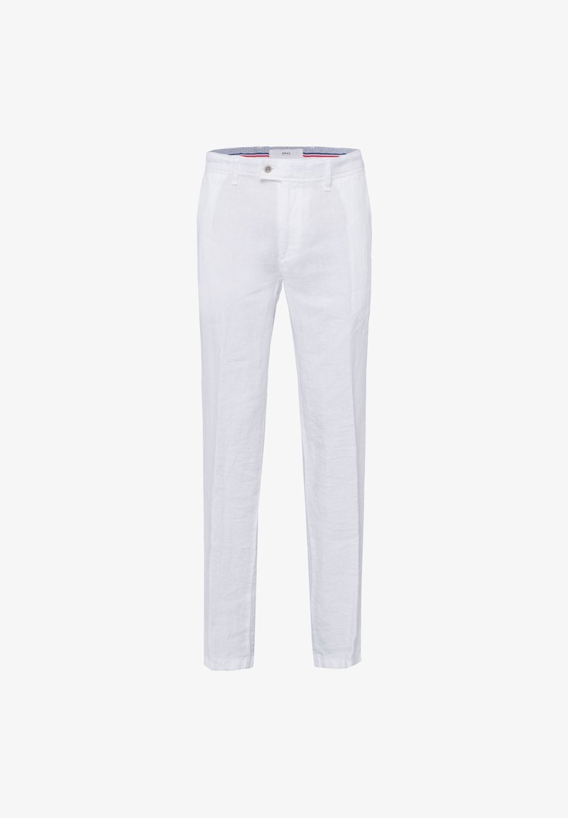 Pantalon slim blanc pour homme avec passants de ceinture, bouton, braguette zippée et poches latérales avant.