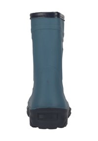 Kumisaapas, jossa on teksturoitu tummanvihreä ulkopinta, laivastonsininen reuna ja kestävä musta pohja, jossa on suorakulmainen kanta.