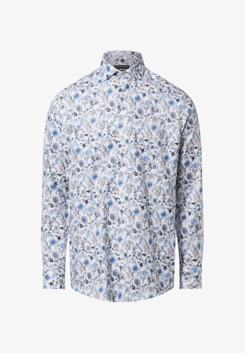 Camicia a bottoni bianca con motivo floreale blu; presenta maniche lunghe, colletto classico e vestibilità sartoriale.