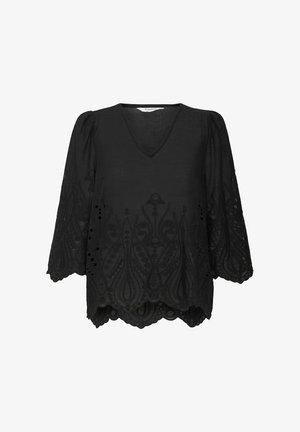 Mustaga V-kaeluse pluus, puff-sleeved ja tikandiga lillemustriga, ning lainelise äärisega. Valmistatud kergest kangast lõigatud aktsentidega.