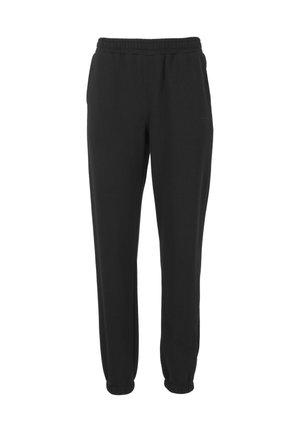 Pantaloni della tuta neri realizzati in un tessuto morbido. Presentano una cintura elastica con cordino, polsini aderenti e una marcatura discreta sul lato.