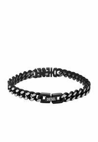 Black metal chain bracelet with interlocking links, featuring metallic accents and a logo clasp displaying "DIESEL." Smooth texture.