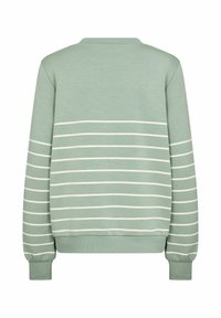 Sweatshirt vert avec des rayures horizontales blanches, des poignets côtelés et un col rond. Tissu doux au toucher lisse et coupe décontractée.