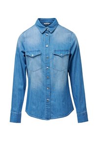 Denim shirt in light blue with a classic collar, two chest pockets, and silver button closure. Long sleeves with buttoned cuffs.