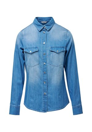 Denim srajca v svetlo modri barvi s klasičnim ovratnikom, dvema prsoma žepoma in srebrnim zapiranjem na gumb. Dolgi rokavi z zaprtjem na gumbe.