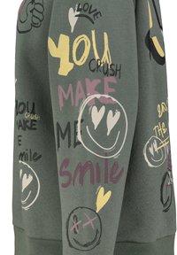 Green sweatshirt featuring various printed designs, including hearts and smiley faces, in colors like yellow, purple, and white.