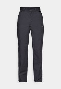 Black trousers made of durable fabric, featuring a straight-leg design, front pockets, and a button closure. Subtle logo on the side.