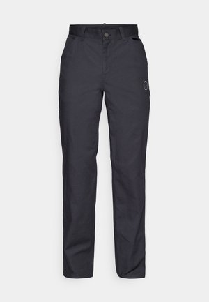 Black trousers made of durable fabric, featuring a straight-leg design, front pockets, and a button closure. Subtle logo on the side.