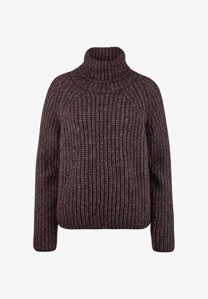 Gebreide trui in donker bordeauxrood met een hoge kraag, voorzien van een grove ribbelstructuur en verlaagde schouders voor een relaxte pasvorm.