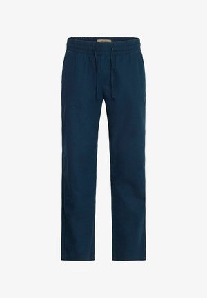 Dunkelblaue Baumwollmischungshosen mit elastischem Bund, Kordelzugdetail und geraden Beinen. Glatte Textur, ohne Muster oder Akzente.
