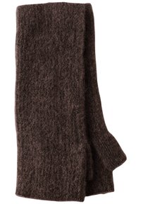 Écharpe en laine marron tricotée, texture douce, forme rectangulaire, tricot légèrement lâche avec des fibres visibles, sans ornements ni motifs.