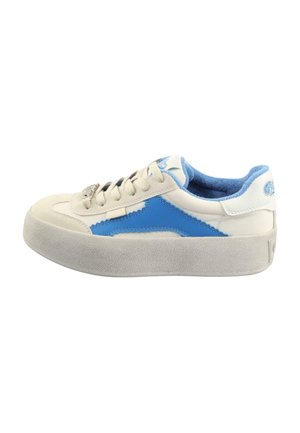 Low-top sneakers with cream and light blue leather, featuring a textured gray outsole, a blue suede interior, and round laces.