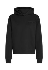 Moleton preto com mangas longas e logótipo "KARL LAGERFELD" em branco no peito, apresentando um bolso canguru frontal e capuz com cordão.