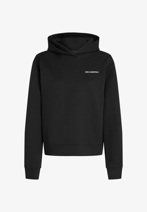 Schwarzer Hoodie mit langen Ärmeln und weißem "KARL LAGERFELD"-Logo auf der Brust, ausgestattet mit einer vorderen Kängurutasche und einer Kapuze mit Kordelzug.