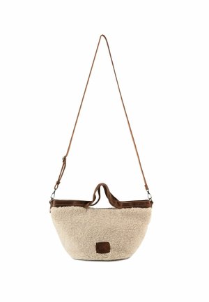 Light beige bag with a textured, fluffy exterior and dark brown leather accents. Features a short handle and an adjustable shoulder strap.