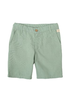 Pantalones cortos verdes de algodón con tejido texturizado, diseño con cuatro bolsillos, cierre frontal de botones y etiqueta de marca en la cintura.
