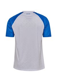 Maglietta bianca con maniche raglan blu. Presenta un motivo sottile, collo rotondo e un piccolo dettaglio con logo sul retro vicino al collo.