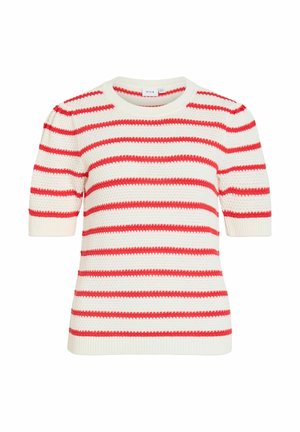 Bílý pletený svetr s krátkými rukávy, s horizontálními červenými pruhy a kulatým výstřihem.