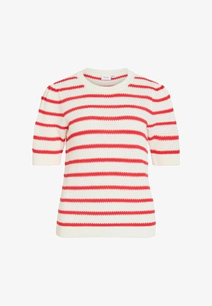 Hvid strikket sweater med korte ærmer, horisontale røde striber og rund halsudskæring.