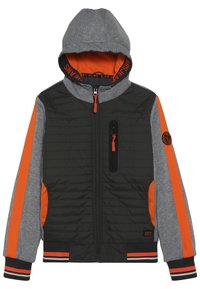 Chaqueta con cremallera en tonos gris y negro, con detalles en naranja, capucha, textura acolchada en el frente y puños de canalé a rayas. Incluye un bolsillo en el pecho con cremallera.