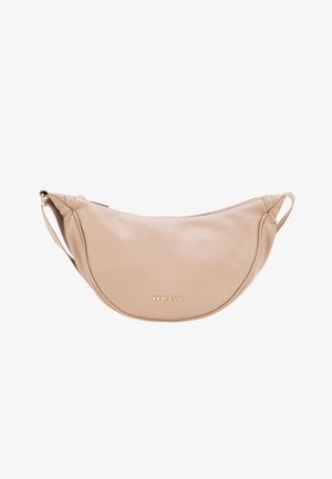 Beige crescent-shaped leather crossbody bag with gold "JOOP! JEANS" logo and an adjustable strap.