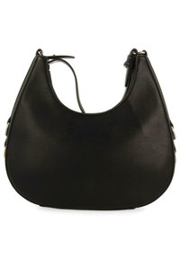 Bolso de hombro de cuero negro con una textura suave, forma redondeada y un asa superior única. Presenta sutiles acentos de herrajes en oro.