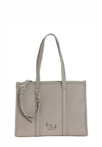 Borsa tote in finta pelle grigia con due manici, tracolla regolabile, dettagli in tonalità oro e finitura testurizzata. Presenta un dettaglio del logo.