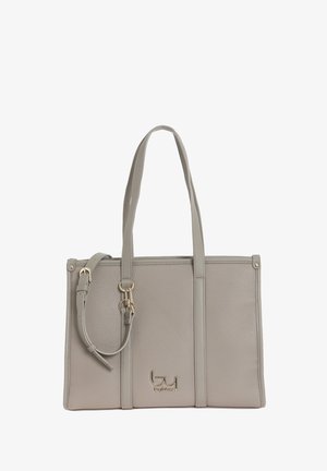 Borsa tote in finta pelle grigia con due manici, tracolla regolabile, dettagli in tonalità oro e finitura testurizzata. Presenta un dettaglio del logo.