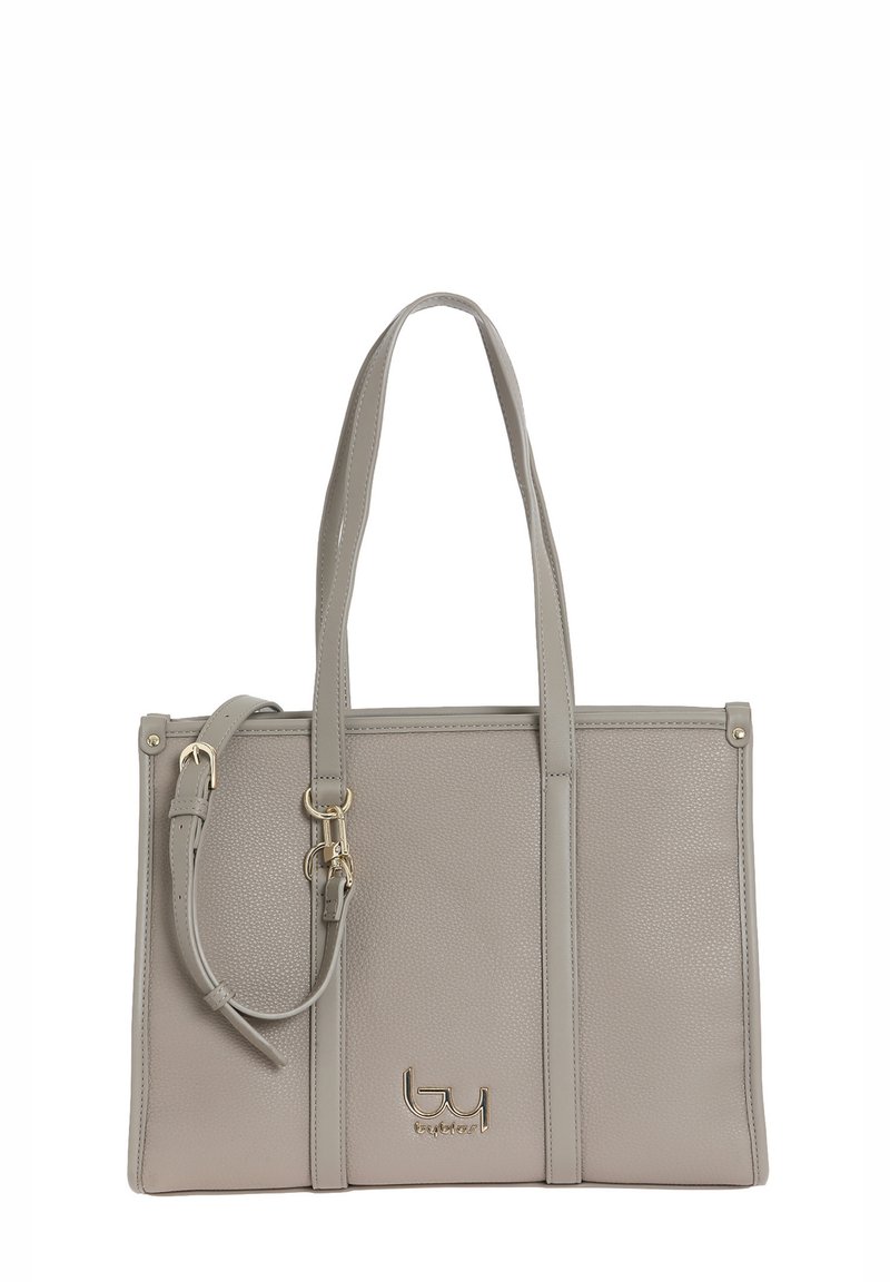Borsa tote in finta pelle grigia con due manici, tracolla regolabile, dettagli in tonalità oro e finitura testurizzata. Presenta un dettaglio del logo.
