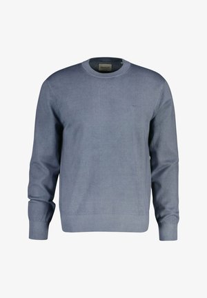 Hellblauer Pullover mit Rundhalsausschnitt und langen Ärmeln, mit gerippten Bündchen und Saum, mit dezentem Markenlogo auf der linken Brust.