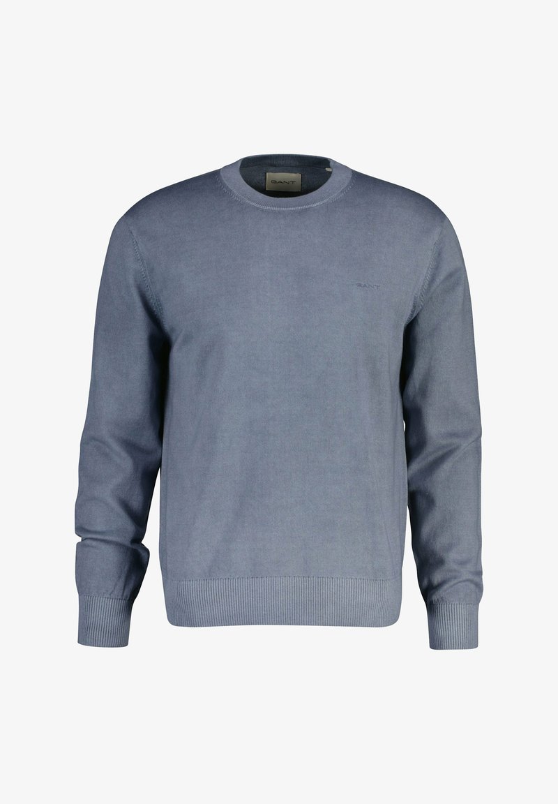 Maglione azzurro chiaro con collo a giro e maniche lunghe, con polsini e orlo a coste, con un logo discreto del marchio sul petto sinistro.