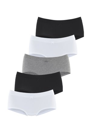 Set aus fünf Unterhosen in Schwarz, Weiß und Grau. Hergestellt aus weicher Baumwolle mit einer glatten Textur und einem kleinen Schleifenakzent am Bund.