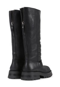 Black leather knee-high boots with contrasting textured panels, side zippers, and sturdy rubber soles for traction. Flat heel design.
