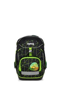 Black backpack featuring a geometric green pattern, a front pocket with a car graphic, a reflective strip, and adjustable straps.